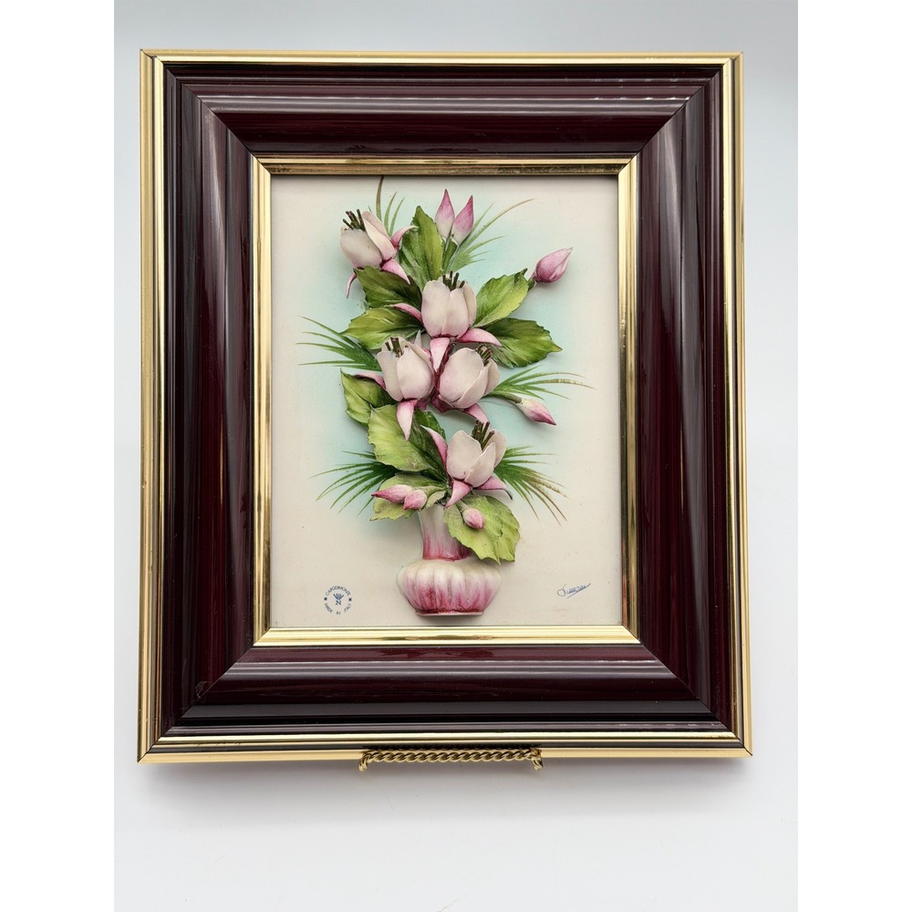 Capodimonte Italy Porcelain 3D Floral Art Framed High Relief Simonetti Signed